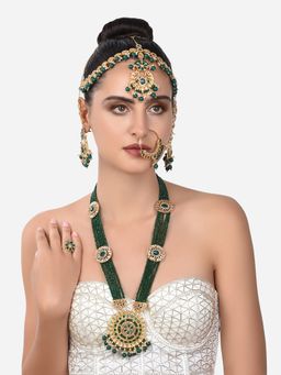 Zaveri Pearls - Green Crystals Necklace Earring Ring Mathapatti & Nose Ring-ZPFK14382 (Set of 5)