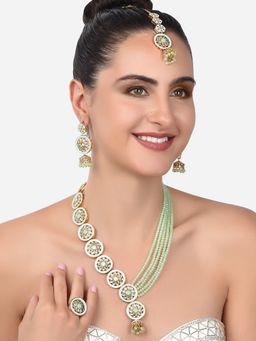 Zaveri Pearls - Green Meenakari Crystal Necklace Earring Maangtikka & Ring-ZPFK14383 (Set of 4)