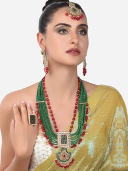 Zaveri Pearls - Green & Maroon Bridal Necklace Earring Maangtikka & Ring-ZPFK14385 (Set of 4)