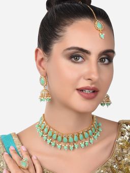 Zaveri Pearls - Green Kundan Choker Necklace Earring Maangtikka & Ring-ZPFK14386 (Set of 4)