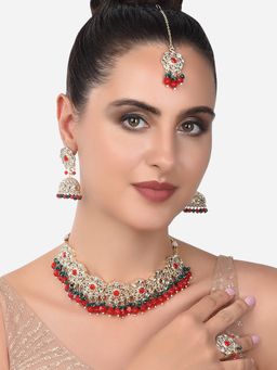 Zaveri Pearls - Red & Green Kundan Choker Necklace Earring Maangtikka & Ring-ZPFK14393 (Set of 4)