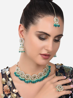 Zaveri Pearls - Green Drops & Diamonds Choker Necklace Earring Maangtikka & Ring-ZPFK14397 (Set of 4)