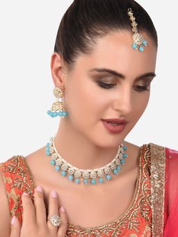 Zaveri Pearls - Turquoise Blue Kundan Choker Necklace Earring Maangtikka & Ring-ZPFK14411 (Set of 4)