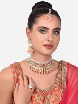 Zaveri Pearls - Peach Kundan & Pearls Choker Necklace Earring Maangtikka & Ring-ZPFK14415 (Set of 4)