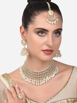 Zaveri Pearls - Gold Kundan & Pearls Choker Necklace Earring Maangtikka & Ring-ZPFK14416 (Set of 4)