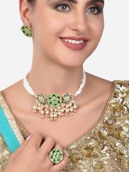 Zaveri Pearls - Green Meenakari Flowers Kundan Choker Necklace Earring & Ring-ZPFK14432 (Set of 3)