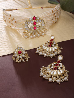 Zaveri Pearls - Pink Kundan Multistrand Pearls Choker Necklace Earring & Ring-ZPFK14433 (Set of 3)