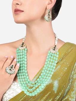 Zaveri Pearls - Green Multilayer Beaded Kundan Necklace Earring & Ring-ZPFK14440 (Set of 3)