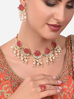 Zaveri Pearls - Pink Flower Stones Kundan Choker Necklace Earring & Ring-ZPFK14442 (Set of 3)