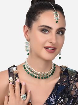 Zaveri Pearls - Green Kundan Choker Necklace Earring Maangtikka & Ring-ZPFK14446 (Set of 4)