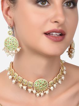 Zaveri Pearls - Green Meenakari Dazzling Kundan Choker Necklace & Earring-ZPFK14448 (Set of 2)