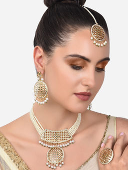 Zaveri Pearls - Green Diamonds Pearls Necklace Earring Maangtikka & Ring-ZPFK14058 (Set of 4)