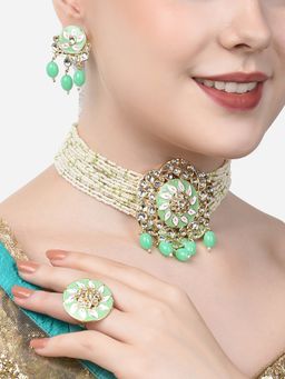 Zaveri Pearls - Green Meenakari Choker Necklace Earring & Ring Set-ZPFK14597