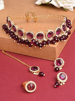 Zaveri Pearls - Wine Color Stone Bead Necklace Earring Maangtikka & Ring Set-ZPFK14598