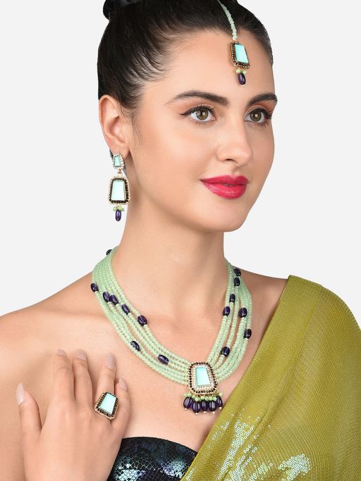 Zaveri Pearls Green & Purple Necklace Earring Maangtikka & Ring Set-ZPFK14602