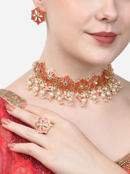 Zaveri Pearls - Orange Meenakari Flowers Pink Beads Choker Necklace Earring & Ring Set-ZPFK14604