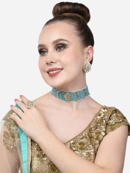 Zaveri Pearls - Turquoise Multistrand Choker Necklace Earring & Ring Set-ZPFK14605