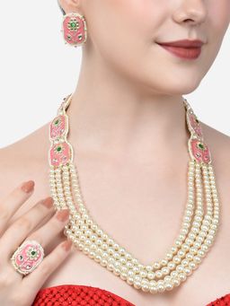 Zaveri Pearls - Pink Meenakari Multilayer Kundan Necklace Earring & Ring Set-ZPFK14606