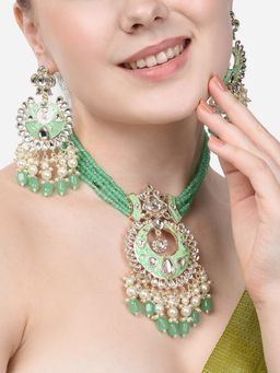 Zaveri Pearls - Green Meenakari Crystals Kundan Necklace & Earring Set-ZPFK14643