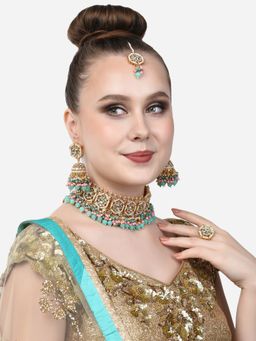 Zaveri Pearls - Multicolor Drop Choker Necklace Earring Maangtikka & Ring Set-ZPFK14649