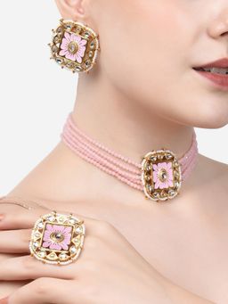 Zaveri Pearls - Pink Meenakari Multistrand Choker Necklace Earring & Ring Set-ZPFK14650
