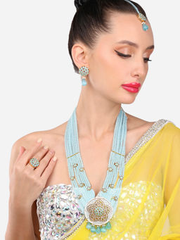Zaveri Pearls - Turquoise Floral Necklace Earring Maangtikka & Ring Set-ZPFK14654