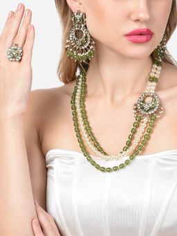 Zaveri Pearls - Green Meenakari Side Brooch Necklace Earring & Ring Set-ZPFK14661