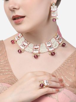 Zaveri Pearls - Pink & White Meenakari Lotus Design Multistrand-ZPFK14693