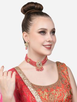 Zaveri Pearls - Pink Multistrand Crystal Beaded Kundan Choker Necklace & Earring Set-ZPFK14704