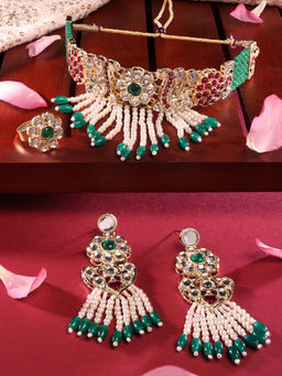 Zaveri Pearls - Pink Green Peacock Kundan Choker Necklace Earring & Ring Set-ZPFK14706