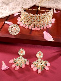 Zaveri Pearls - Pink Green Stones Floral Choker Necklace Earring & Ring Set-ZPFK14718