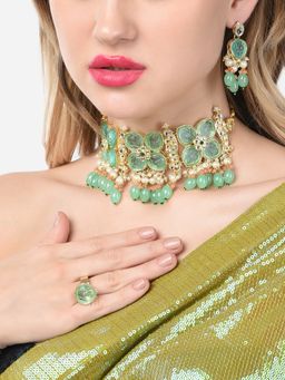 Zaveri Pearls - Green Peach Stones Beads Kundan Necklace Earring & Ring Set-ZPFK14722