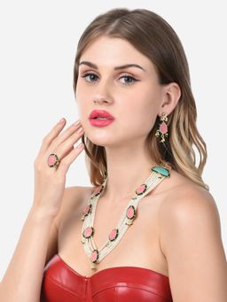 Zaveri Pearls - Pink Stones & Green Beads Pearls Necklace Earring & Ring Set-ZPFK14747