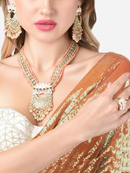 Zaveri Pearls - Peach Meenakari Lotus Bridal Kundan Long Necklace Earring & Ring Set-ZPFK14749