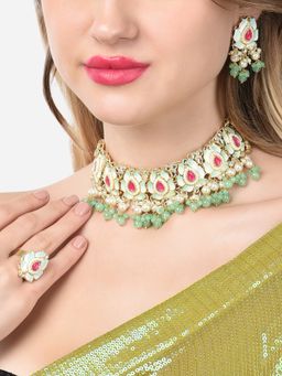 Zaveri Pearls - Pink & Green Lotus Design Meenakari Choker Necklace Earring & Ring Set-ZPFK14755