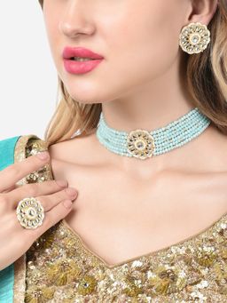 Zaveri Pearls - Turquoise Blue Multistrand Choker Necklace Earring & Ring Set-ZPFK14756