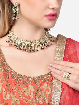 Zaveri Pearls - Pink Green Beads Kundan Choker Necklace Earring & Ring Set-ZPFK14757