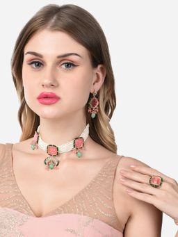 Zaveri Pearls - Pink & Green Multistrand Pearls Choker Necklace Earring & Ring Set-ZPFK14758