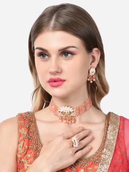 Zaveri Pearls - Orange Peach Enamel Lotus Crystal Necklace Earring & Ring Set-ZPFK14759