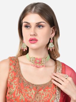 Zaveri Pearls - Pink & Green Crystal Choker Necklace Earring & Ring Set-ZPFK14760