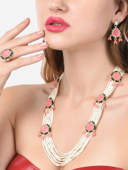 Zaveri Pearls - Pink Stones & Green Beads Pearls Necklace Earring & Ring Set-ZPFK14762