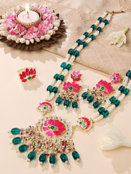 Zaveri Pearls - Set Of 3 Green & Pink Meenakari Design Long Necklace Earring and Ring Set-ZPFK14812