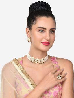Zaveri Pearls - Set Of 3 Pink Green Meenakari Choker Necklace Earring and Ring Set-ZPFK14813