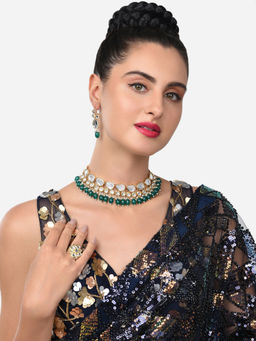 Zaveri Pearls - Set Of 3 Green Beads Statement Kundan Choker Necklace Earring and Ring Set-ZPFK14814