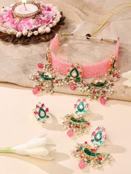 Zaveri Pearls - Set Of 3 Pink Green Meenakari Crystal Choker Necklace Earring and Ring Set-ZPFK14821