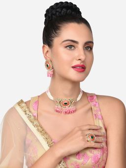 Zaveri Pearls - Set Of 3 Pink Enamel Green Stone Necklace Earring and Ring Set-ZPFK14830