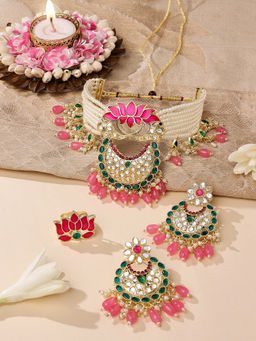 Zaveri Pearls - Set Of 3 Green Pink Meenakari Lotus Necklace Earring and Ring Set-ZPFK14831