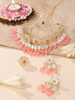 Zaveri Pearls - Set Of 3 Pink Stones and Cluster Kundan Choker Necklace Earring and Ring Set-ZPFK14833