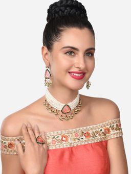 Zaveri Pearls - Set Of 3 Pink Stones and Green Choker Necklace Earring and Ring Set-ZPFK14834