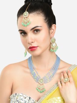 Zaveri Pearls - Set Of 4 Blue Green Crystal Necklace Earring Maangtikka & Ring Set-ZPFK14840